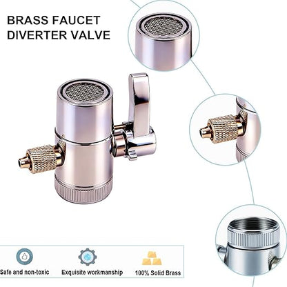 2 Pack Faucet Diverter Valve for 1/4" RO Tubing Countertop Water Filter with M22-M24 Adapter, Chrome Plated Brass Sink Valve Splitter Compatible with iSpring, APEC, and Standard Kitchen Faucets (2)
