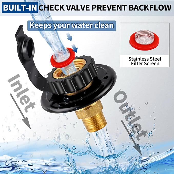 RV City Water Fill Inlet Flange Check Valve Water Hookup Connector 3/4 NH Female to 1/2 NPT Male Mount Lead-Free Brass Flush RV Water Backflow Preventer with Dust Plug for RV Camper Motorhome
