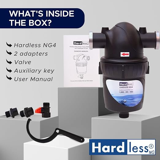 Hardless NG4 Whole House Water Filter with Extra NG4 Replacement Cartridge - Salt-Free Water Softener Alternative, 3/4" Inlet/Outlet, Compact, Easy to Install, Designed for Areas w/Hard Water