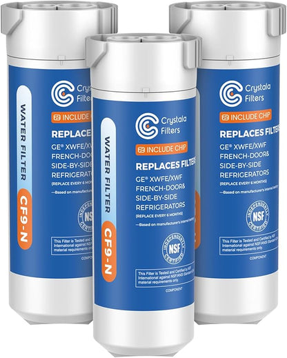 Crystala Filters Water Filter Compatible with XWFE (Built-in CHIP), Replacement for GE XWFE, XWF Refrigerator Water Filter Pack of 3