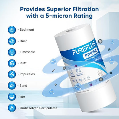 PUREPLUS 5 Micron 10" x 4.5" Whole House Sediment Home Water Filter Replacement Cartridge for DGD-5005, RFC-BBSA, HD-950, WFHD13001B, W15-PR, GXWH30C, GXWH35F, Aqua-Pure AP817, PP10BB, 2PACK