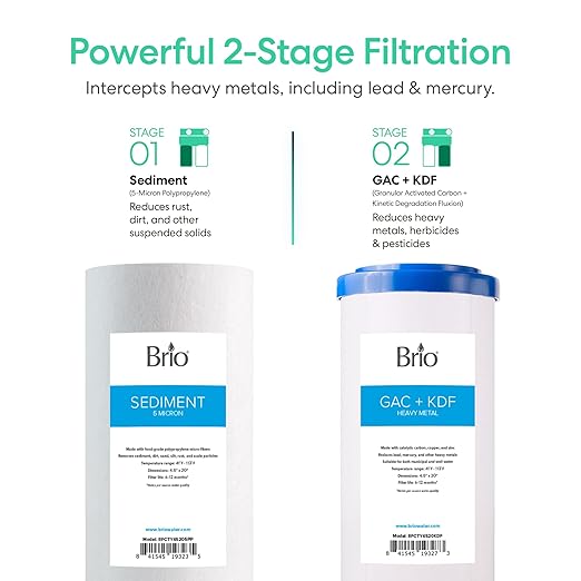 Brio Whole House Water Filter System for Heavy Metal Reduction w/Gauges | 2 Stage Fast-Flow Filtration (Sediment, GAC + KDF) 4.5" x 20" Filters | Improves Taste & Protects Home Appliances | 900 GPH