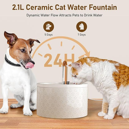 DOOOB Ceramic Cat Water Fountain, 2.1L/71oz Cat Fountain, Automatic Ceramic Water Fountain for Cats, Pet Water Fountain with Ultra-Quiet Pump and 3 Filters & 3 Sponges (Firework Embossed)