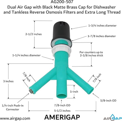 Dual Air Gap with Black Matte Brass Cap for Dishwasher and Tankless Reverse Osmosis Filter and Extra Long Thread (AG200-507, AG200-X07, AMERIGAP)