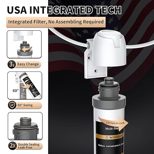 WINGSOL Under Sink Water Filter System with Brushed Nickel Faucet, NSF/ANSI 42&53 Anti-Clogged Pleated Filter Quick Change EZ Install, Reduce PFAS/Lead/Chlorine/Sediment, Long-Lasting Water Purifier
