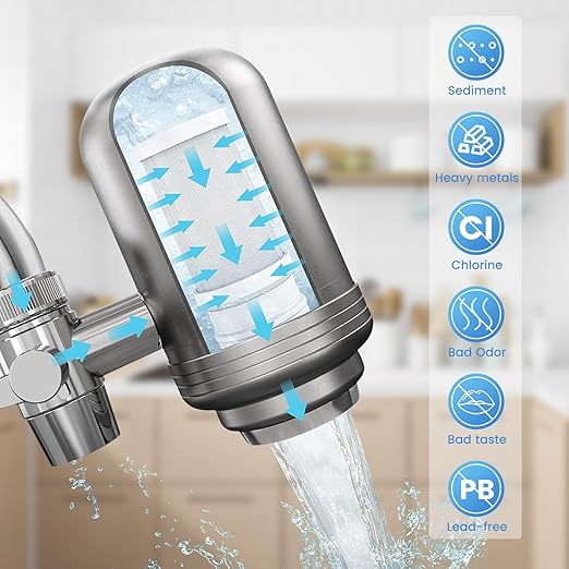 Vortopt Faucet Water Filter for Sink, Rapid Flow - 400 Gallons Faucet Mount Water Filtration System for Tap Water, NSF Certified Reduces Chlorine (Grey-T2-1 Filter)