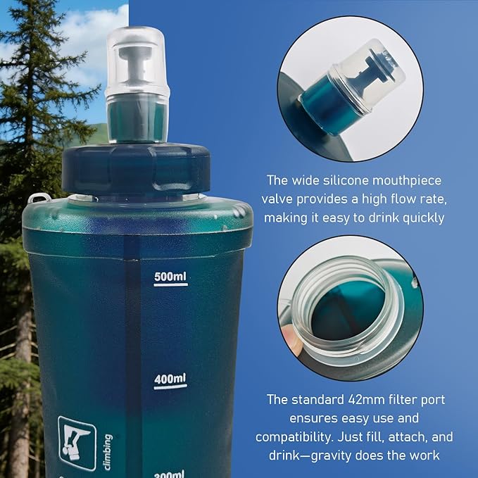 500ML Collapsible Water Bottle with Filter for Hiking, Camping & Travel - TPU Soft Flask, 0.1 Micrometer Hollow Fiber Membrane for Clearer, Better Tasting Outdoor Water(Hunter Green)