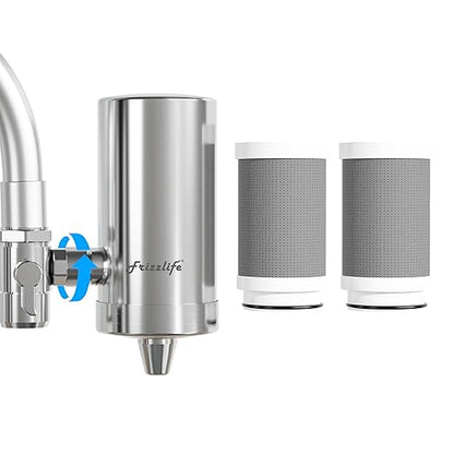 Frizzlife FS99 Water Filter for Sink Faucet, 2 Filters Certified Reduce 99% Lead, Heavy Metal For Skin Care, 360° Rotating＆304 Stainless Steel Tap Water Purifier for Kitchen Sink/Bathroom