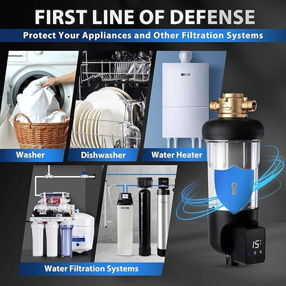 iSpring WSP50ARJ, NSF Certified, Spin-Down Sediment Water Filter, Upgraded Jumbo Size, Large Capacity, Reusable with Touch-Screen Auto Flushing Module, Brass Top Clear Housing, 50 Microns