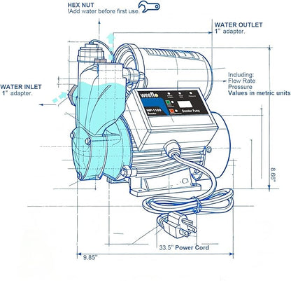 Weeflos 1.5HP Automatic Booster Pump, 1600 GPH Water Pump, 100ft Max Head, Mechanical Pressure Switch, Self-Priming Utility Pump for Shower, Irrigation, Basement, Garden, Pool (1.5HP/100FT)