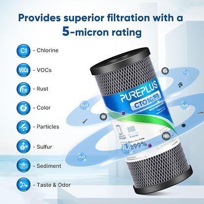 PUREPLUS 5 Micron 4.5"x10" Whole House Water Filter Combo, with String Wound Sediment & Iron Reducing Filter and Activated Carbon Block Filter, 1PACK