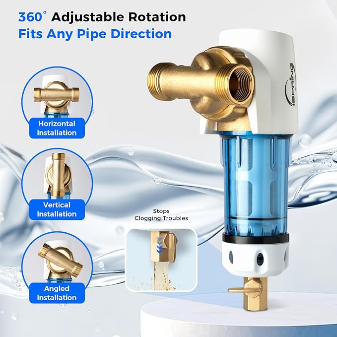 iSpring WSP100GR Reusable Spin Down Sediment Water Filter 100 Micron with Built-in Housing Scraper, 360° Rotatable Head, Pressure Gauge, Blue