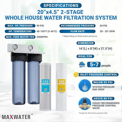 2-Stage Whole House Water Filtration System 20” x 4.5” Clear Housings with Sediment & Carbon Block Filters w/Valve, Pressure monetering gauges, removes Sediment, Chlorine, pesticides, herbicides