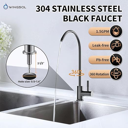 WINGSOL Under Sink Water Filter System with Black Faucet, NSF/ANSI 42&53 Anti-Clogged Pleated Filter Quick Change EZ Install, Reduce PFAS/Lead/Chlorine/Sediment, Long-Lasting Water Purifier