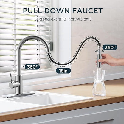 FORIOUS Chrome Kitchen Faucet with Soap Dispenser, High Arc Modern Sink Faucet with Pull Down Sprayer and Deck Plate, Stainless Steel Fit for 1 or 3 Hole for Pot Filler Bar Farmhouse Laundry Rv