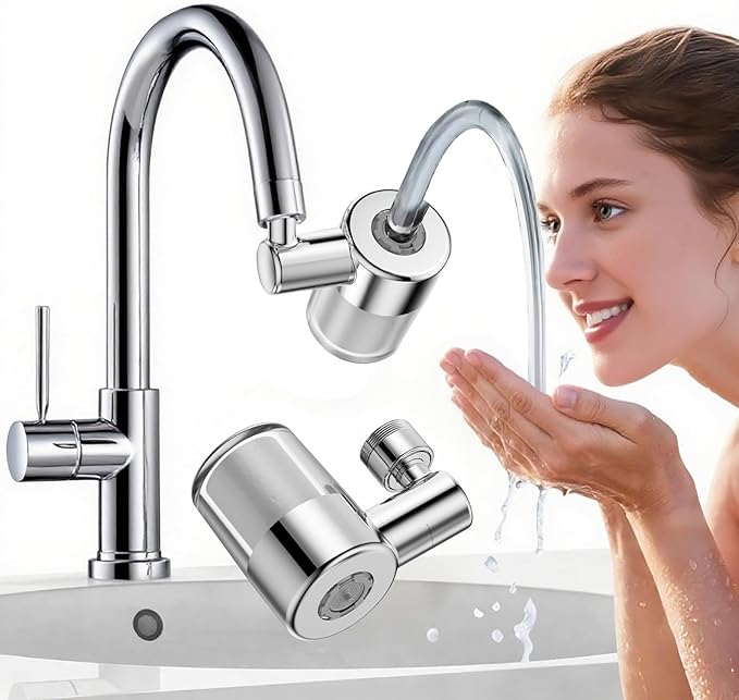 Splash-proof sink faucet extender aerator water filter, 720° rotatable faucet aerator, 2-mode spray, removes chlorine, taste, odor, suitable for kitchen/bathroom, 4 filter replacements