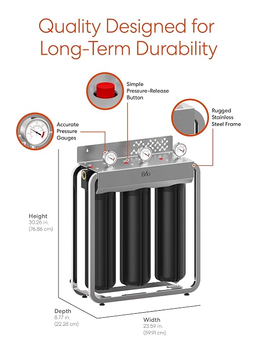 Brio 3-Stage Whole House Filtration System, Anti-Scale, 900 GPH, 4.5" x 20" Sediment, PHO, and CTO Carbon Block Filters Included w/Lifespan of 12 Months