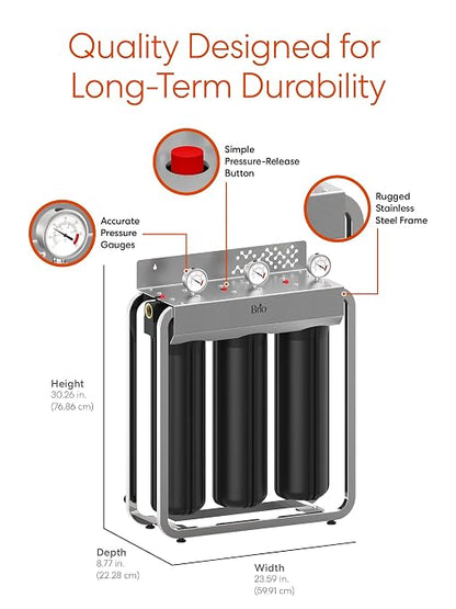 Brio 3-Stage Whole House Filtration System, Anti-Scale, 900 GPH, 4.5" x 20" Sediment, PHO, and CTO Carbon Block Filters Included w/Lifespan of 12 Months