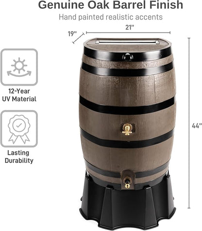 RTS Home Accents 50-Gallon Dual Spigot Rain Barrel, Flat Back Rain Water Collection Barrel, Stand Included, Woodgrain with Black Stripes