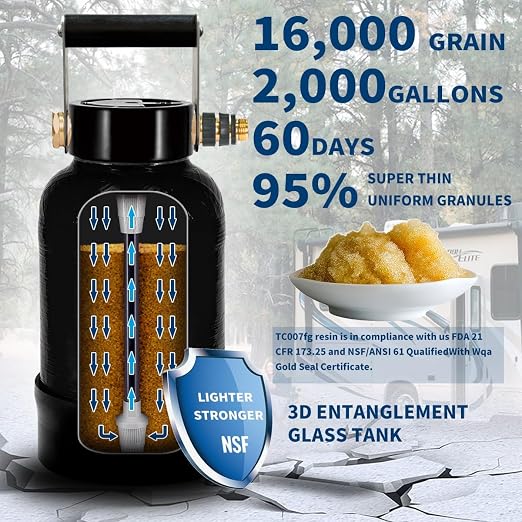 Filterelated 16,000 Grain RV Water Softener – 10L Large-Resin Portable Water Softener with NSF-Certified Resin, 3/4" Brass Fittings & Custom Hose, for RV, Trailer, Boat, Mobile Car Wash