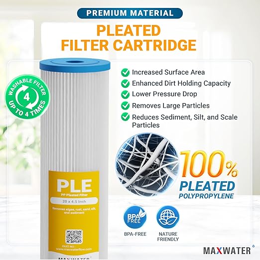 20 x 4.5 Whole House 1 Stage PP Pleated Sediment Filter System w/ 1" NPTF Port Housing Head Includes 50 Micron Pleated Sediment Filter, Gauge & Bracket BB-20B WH100SP WDS150K CB1-CAB20-BB DB20P