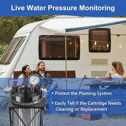 6-Layer RV Water Filter with Stand and 0.5 Micron Filtration, 3/4" GHT Metal Threads Garden Hose Water Filter, Reduces Sediments, Chlorine, VOCs, Heavy Metals, Bad Taste, Odor, and More