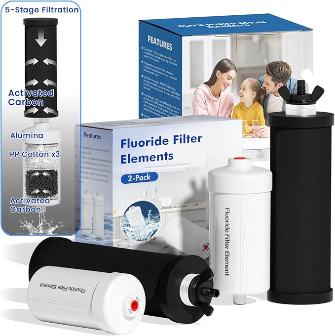 Gravity Water Filters Replacement for Berlky BB9-2 & PF-2 Fluoride Filters, 7-Stage Filtration, NSF/ANSI 42 & 372 Certified, Filters Compatible with Berlky Gravity Systems (2 Black, 2 Fluoride)