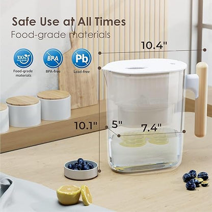 Waterdrop PT-04C Water Filter Pitcher, 10-Cup Capacity, NSF Certified, 200-Gallon Long-Life Filter, 5X Longer Filter Life, Reduces PFOA/PFOS and Chlorine, BPA-Free, Sturdy Wooden Handle, Clear