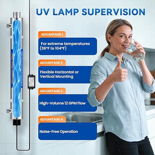 UV Water Filter Whole House, 3/4" MNPT 55W Water Purifier System for Whole House Water Purification,12 GPM, 120V, 1500H Lamp Life, +1 Extra Lamp