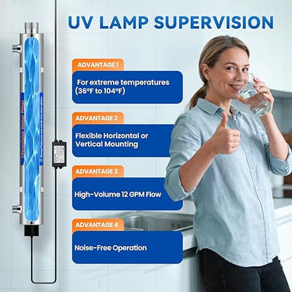 UV Water Filter Whole House, 1" MNPT 55W Water Purifier System for Whole House Water Purification,12 GPM, 120V, 1500H Lamp Life, +1 Extra Lamp