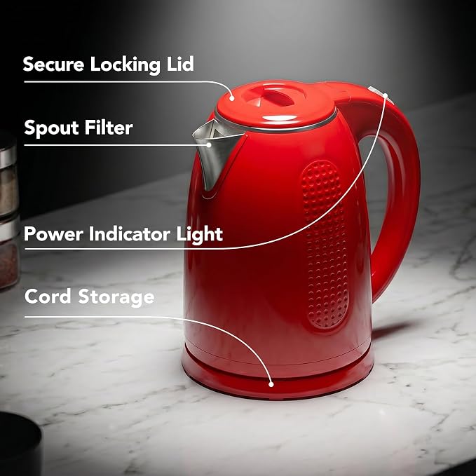 OVENTE 1.7L Double Wall Electric Tea Kettle, 1100W Water Boiler and Heater with Cool-Touch Exterior, Stainless Steel Insulated Interior, Auto Shut-Off, Boil-Dry Protection & Locking Lid, Red KD64R