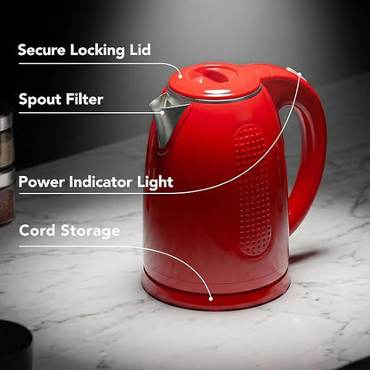 OVENTE 1.7L Double Wall Electric Tea Kettle, 1100W Water Boiler and Heater with Cool-Touch Exterior, Stainless Steel Insulated Interior, Auto Shut-Off, Boil-Dry Protection & Locking Lid, Red KD64R