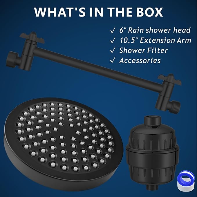 Filtered Shower Head with Extension Arm, High Pressure Rain Showerhead Filter Set for Hard Water Removes Chlorine and Harmful Substances (Matte Black)