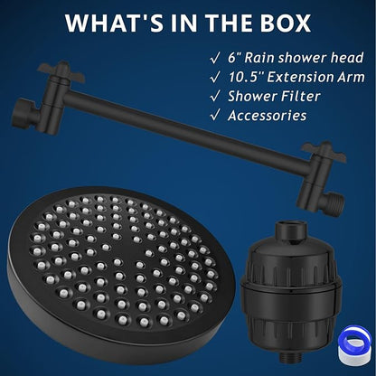 Filtered Shower Head with Extension Arm, High Pressure Rain Showerhead Filter Set for Hard Water Removes Chlorine and Harmful Substances (Matte Black)