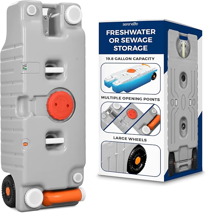 SereneLife 20 Gallon / 75L RV Water Tank – Camper Accessories Portable Container with Level Indicator, Rotating Spout, Metal Handle & Heavy-Duty Wheels, Suitable for Freshwater or Sewage Storage
