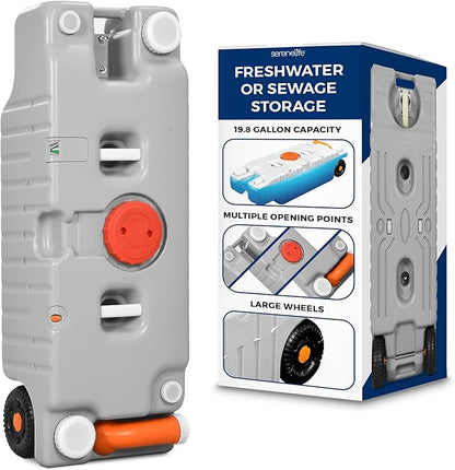 SereneLife 20 Gallon / 75L RV Water Tank – Camper Accessories Portable Container with Level Indicator, Rotating Spout, Metal Handle & Heavy-Duty Wheels, Suitable for Freshwater or Sewage Storage