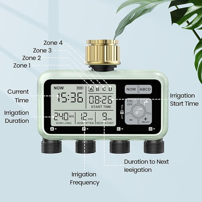 Watering Timer 4 Zone with with Brass Inlet, Sprinkler Timer, Programmable Garden Outdoor Hose Faucet Timers with Rain Delay/Manual/Automatic Watering System,Water Hose Irrigation Timers 4 Outlet
