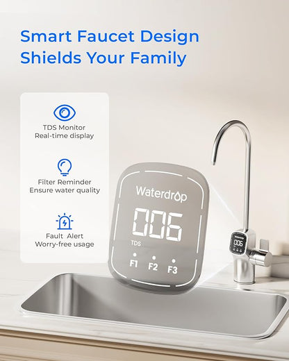 Waterdrop X8-PRO Dual Flow Reverse Osmosis Water Filter, 800 GPD Tankless RO System, 9-Stage Filtration, Undersink, LED Faucet, BPA Free, Attaches to Your Existing Kitchen Faucet, NO Minerals Added