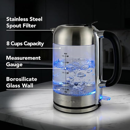 OVENTE Electric Kettle, 1.8L Tea Kettle and Hot Water Boiler For Coffee or Tea, Easy to Fill Lid, Auto Shut-Off, Borosilicate Glass with Stainless Steel Filter, 1500W, BPA Free, Silver KG71S