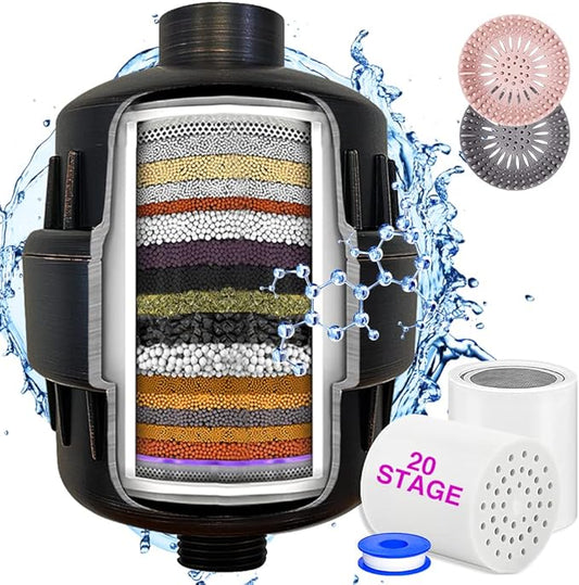 Shower Filter, 20 Stage Shower Head Filter for Hard Water High Output Shower Water Filter Shower Water Softener with 2 Replaceable Filter Cartridges Reduce Chlorine, Dry Skin -Oil-Rubbed Bronze