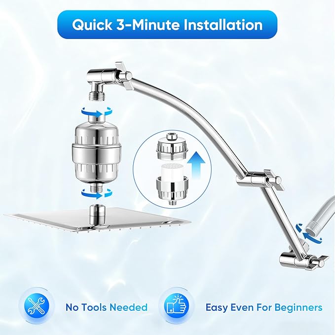 Shower Head with Filters, Stainless Steel Rain Filtered Shower Head, High Pressure Shower Head with 16" Shower Extension Arm - 20 Stage Shower Filter for Hard Water - 8" Silver