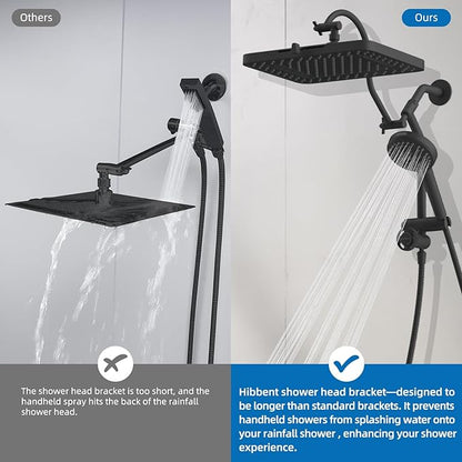 Hibbent cUPC Certified 13'' Shower Head Combo, High Pressure 5 Spray Rainfall Showerhead, 10 Spray Mode Handheld, All Metal Easy Reach 4-way Diverter Arm with Pause Mode, 71'' Hose and Holder, Black