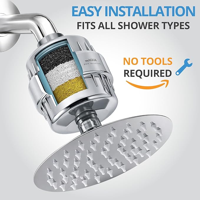 weAQUA SteelRain Filtered Shower Head – 6" Solid Metal Rainfall Shower Head with Shower Filter, Dermatologist Recommended for Softer Skin, Hair, 99% Removal of Chlorine, Fluoride, Heavy Metals