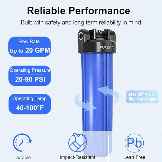 PWB20 Whole House Water Filter Housing, Fits 20” x 4.5” Big Blue Filters, Inline Pre-Filtration System for RV, Home Well and City Water Sediment etc with 1" NPT Port, Pressure Relief Valve
