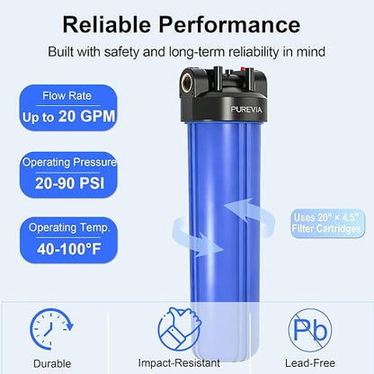 PWB20 Whole House Water Filter Housing, Fits 20” x 4.5” Big Blue Filters, Inline Pre-Filtration System for RV, Home Well and City Water Sediment etc with 1" NPT Port, Pressure Relief Valve