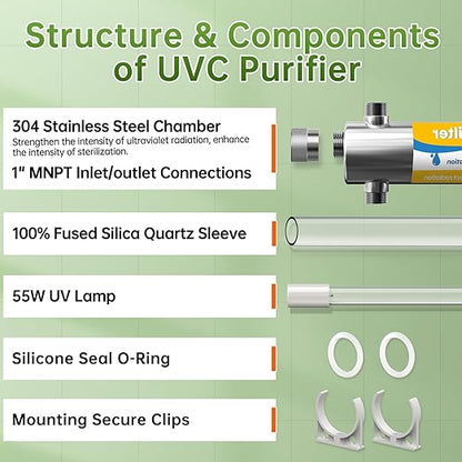 Whole House UV Water Filter System,55W 1" MNPT Inlet/Outlet Water Purifier Filter System for Whole House Water Purification,120V 12GPM High Flow, +1 Extra Bulb