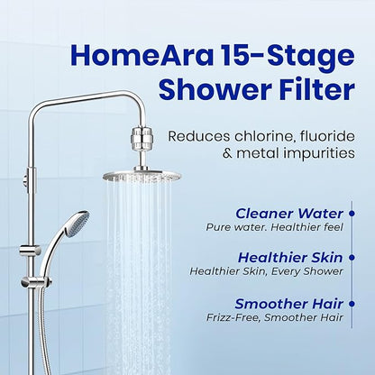 15-Stage Hard Water Softener for Tap, Shower with Metal Adapter Set, Universal Shower Head, Faucet Water Filter, Removes Chlorine Heavy Metals Sediment, Bathroom Water Softener Filter Chrome