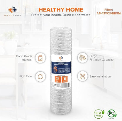 Aquaboon 5 Micron 20 x 4.5 Whole House String Wound Water Filter Replacement Cartridge for Well Water Filtration Compatible with WP5BB20P, 10-Pack