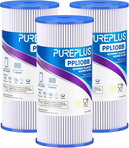 PUREPLUS 1 Micron 10" x 4.5" Whole House Pleated Sediment Filter for Well Water, Replacement Cartridge for GE FXHSC, Culligan R50-BBSA, Pentek R50-BB, DuPont WFHDC3001, W50PEHD, GXWH40L, 3Pack