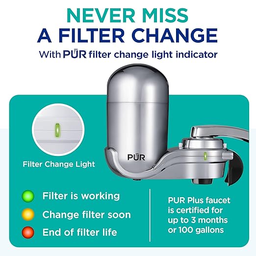 PUR Plus Vertical Faucet Mount Water Filtration System, Lead-Reducing Filter, Great-Tasting, Easy Install, Lasts 100 Gallons, Faucet Water Filter, Compatible with Sinks with External Aerators, Chrome